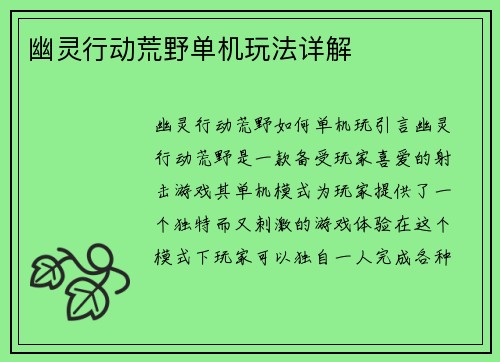 幽灵行动荒野单机玩法详解