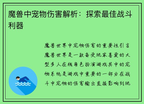 魔兽中宠物伤害解析：探索最佳战斗利器